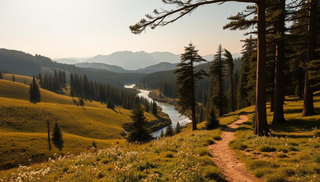 A serene landscape of rolling hills and lush forests, bathed in warm, golden sunlight. In the foreground, a well-worn hiking trail winds through a meadow dotted with wildflowers, inviting the viewer to immerse themselves in the tranquility of nature. Tall, majestic trees line the path, their branches casting dappled shadows on the ground. In the middle ground, a crystal-clear stream meanders through the scene, reflecting the surrounding foliage. Distant mountains rise in the background, their peaks capped with a dusting of snow, creating a sense of expansive natural beauty. The overall atmosphere conveys a feeling of peaceful solitude and a deep connection to the natural world.